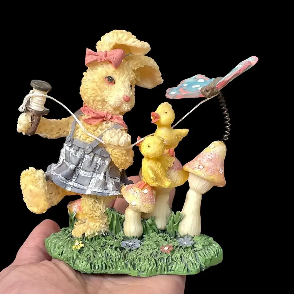 Resin Bunny Rabbit Pair with Bumblebee & Butterfly on Spring Vintage Decor